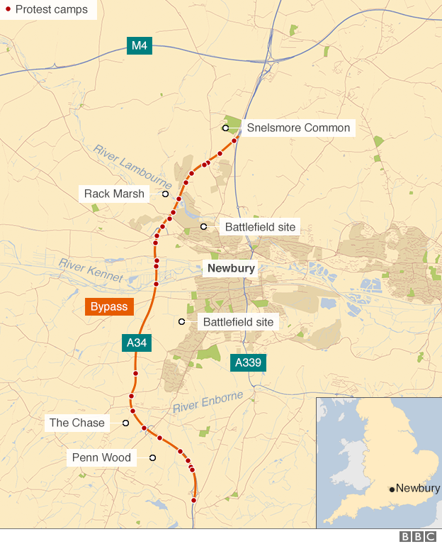 Map showing the protest sites at the Newbury Bypass