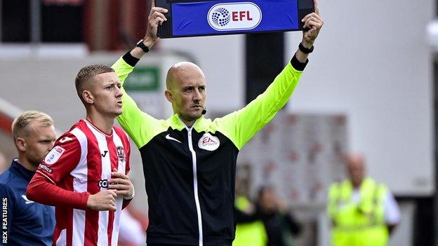 Jay Stansfield comes on for Exeter