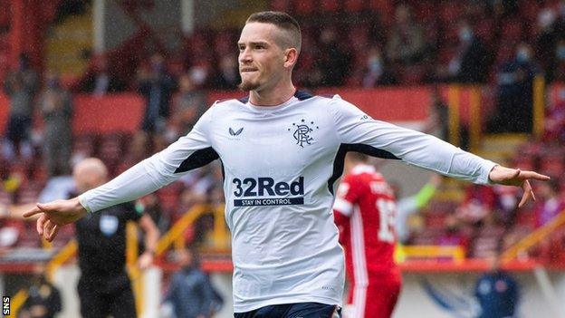 Ryan Kent celebrates scoring for Rangers