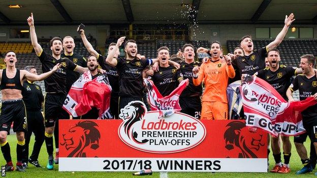 Livingston players celebrate promotion after beating Partick Thistle in a play-off