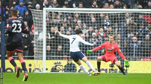 Son Heung-min celebrates scoring for Tottenham against Huddersfield