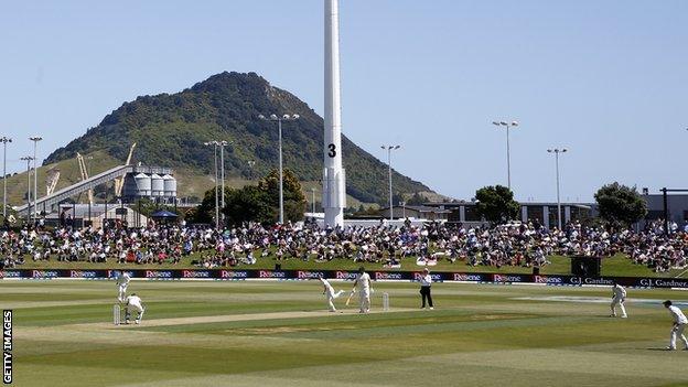 A shot of Mount Maunganui in the background of the Bay Oval during day one of the first Test between New Zealand and England