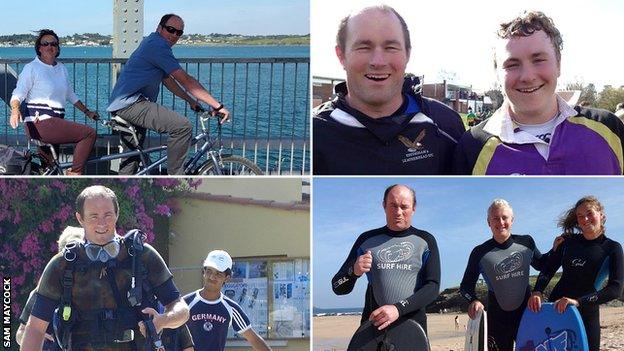 Nigel Maycock cycling with his wife/Sam's mum (top left), with Sam at Effingham and Leatherhead RFC (top right), going scuba diving on holiday (bottom left) and surfing with Sam and his sister (bottom right)