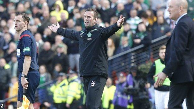 Ronny Deila complains at a referee's decision during Celtic's defeat