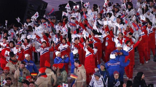 South Korea and North Korea march together at the Pyeongchang 2018 closing ceremony