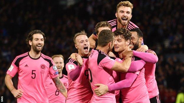 Scotland's players celebrate the winning goal