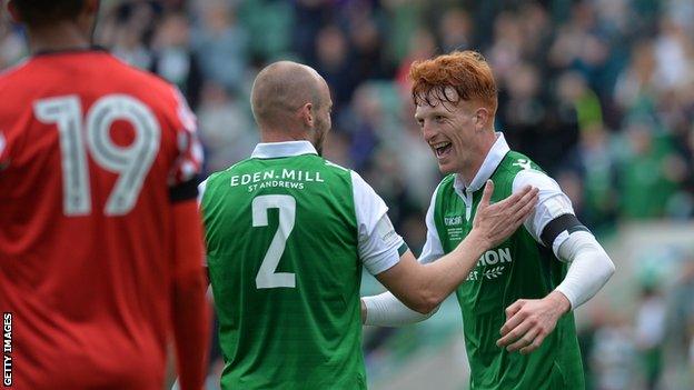 Hibs' Simon Murray (right) celebrates scoring against Sunderland