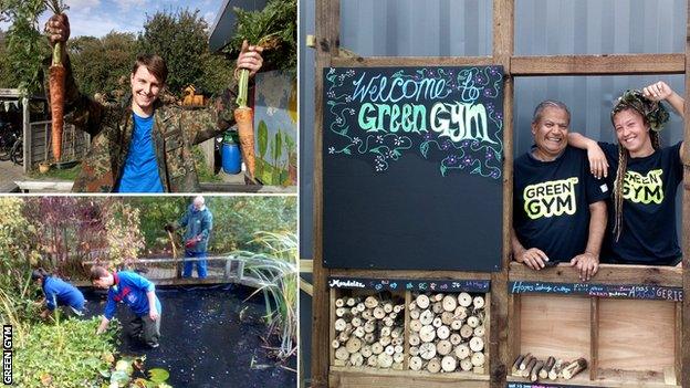 Alex Mason at Skelton Grange Green Gym (top right), more Green Gym work taking place at Skelton Grange and other Green Gym members