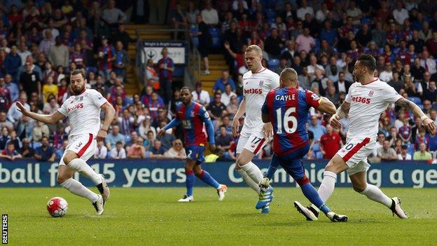 Crystal Palace striker Dwight Gayle scores against Stoke