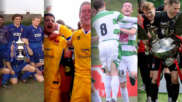 Previous champions (from left to right) Bangor City, Barry Town. TNS and Connah's Quay Nomads