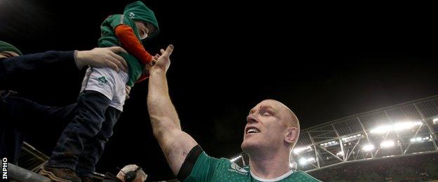 Paul O'Connell greets a young fan after Ireland's win over Australia last November