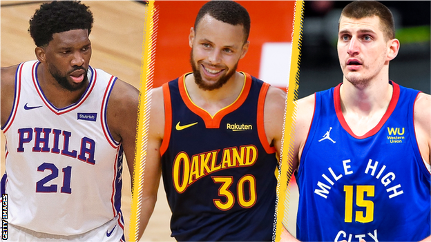 Joel Embiid (left), Stephen Curry (centre) and Nikola Jokic (right)