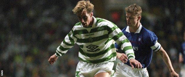 Former Rangers full-back Arthur Numan challenges Celtic's Vidar Riseth on his Old Firm debut in 1998