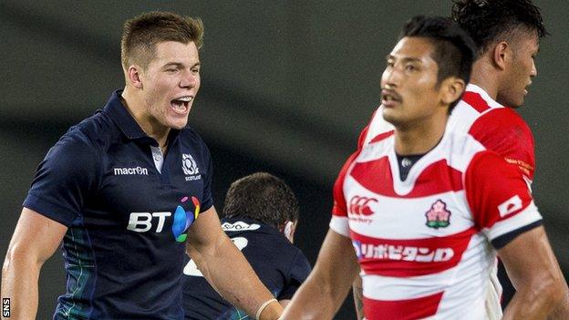 Scotland wing Huw Jones celebrates against Japan last year