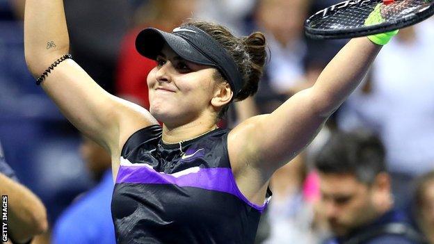 Bianca Andreescu celebrates beating Belinda Bencic to reach the US Open final