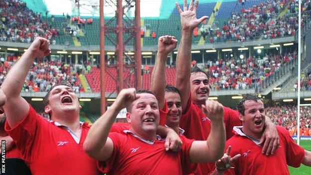 Peter Rogers, Garin Jenkins, Shane Howarth, Chris Wyatt and Brett Sinkinson celebrate Wales' win against South Africa in June, 1999