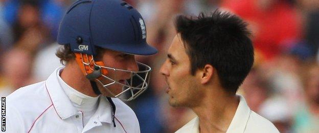 Stuart Broad and Mitchell Johnson square up to each other