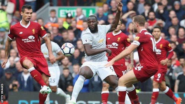 Lovren and Lukaku contest the ball during Liverpool v Man Utd