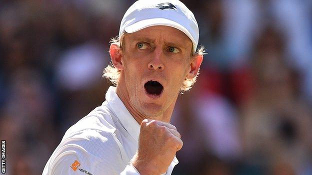 Kevin Anderson celebrates winning a point in the 2018 Wimbledon final against Novak Djokovic