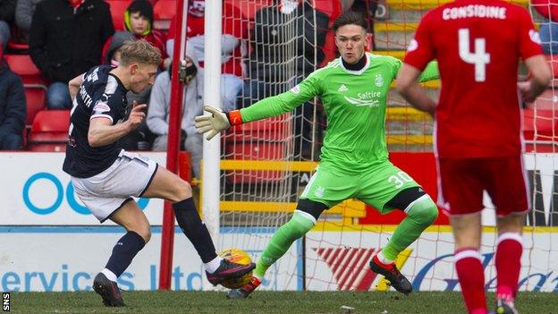 Dundee's A-Jay Leitch-Smith has a shot saved by Aberdeen's Freddie Woodman