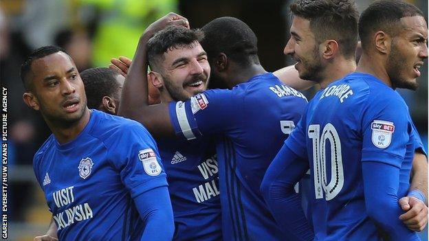 Callum Paterson of Cardiff City celebrates with Bruno Ecuele Manga of Cardiff City after scoring the third goal