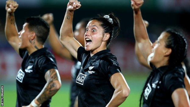 Members of New Zealand's women's team perform the haka