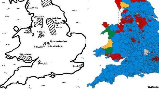 Meysydd glo ar y chwith, y map etholaethol yn dilyn Etholiad Cyffredinol 2015 ar y dde