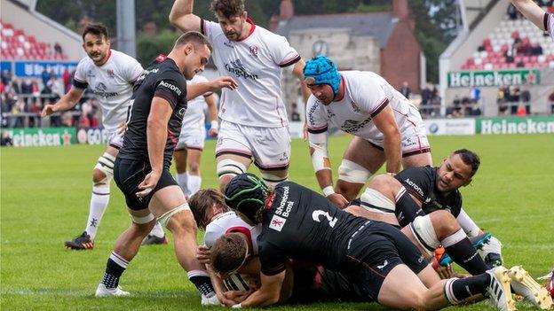 Ulster flanker Matty Rea goes over for the opening try in the Kingspan Stadium friendly