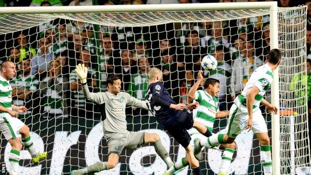 Jo Inge Berget scores for Malmo against Celtic