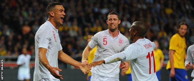 Steven Caulker (left) celebrates after scoring in his one and only England appearance