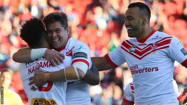 Louie McCarthy-Scarsbrook celebrates with Kevin Naiqama