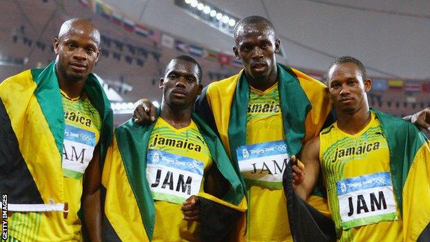 (Left to right) Asafa Powell, Nesta Carter, Usain Bolt and Michael Frater