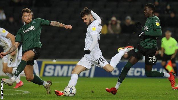 Troy Parrott in action for MK Dons against Plymouth in December