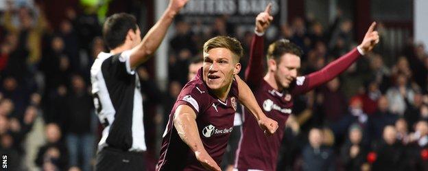 Hearts' Gavin Reilly celebrates his goal against Dundee United