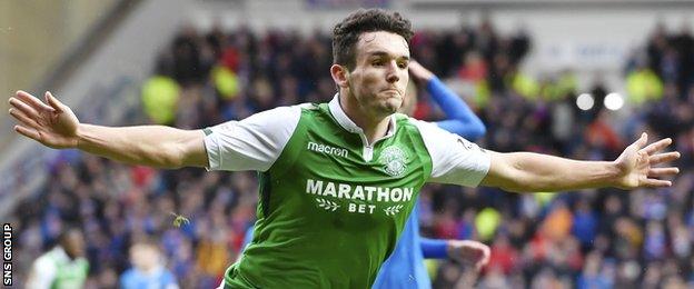 Hibs midfielder John McGinn scored in a 2-1 win at Ibrox