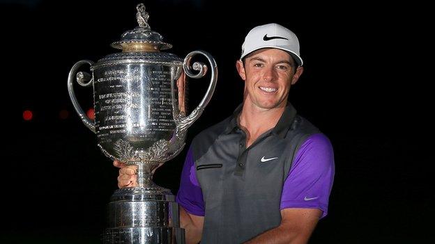 Rory McIlroy with the Wanamaker trophy after his second US PGA Championship triumph last August