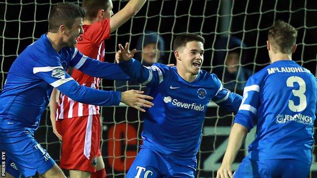 Michael McCrudden scored Ballinamallard's first goal of the night at Ferney Park