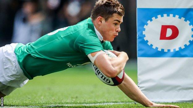 Garry Ringrose goes for a try in Ireland's victory over Japan in Tokyo in June