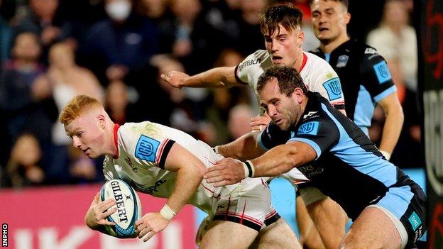 Nathan Doak dives over to score what proved to be Ulster's match-clinching fifth try against Glasgow