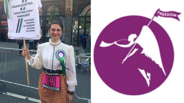 Pankhurst Centre runner Flavie Vial at the Great Manchester Run (left) and the Pankhurst Centre's logo (right)