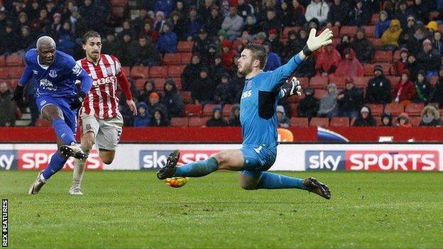 Stoke's defeat by Everton might have been heavier but for a second-half save from Jack Butland to deny Arouna Kone