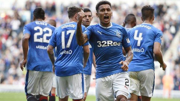 Rangers defender James Tavernier celebrates after scoring the fourth goal in the League Cup victory against Dunfermline