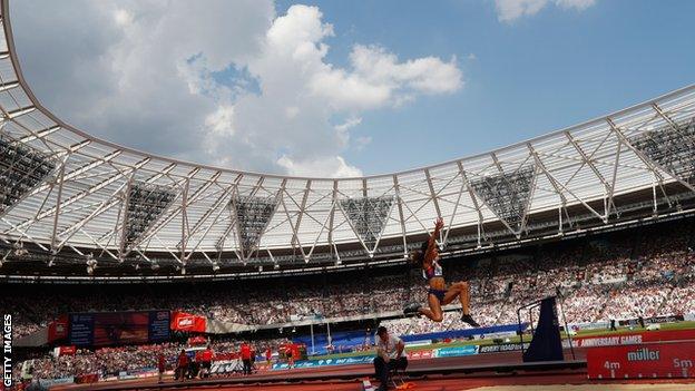 GB's Katarina Johnson-Thompson competed in the women's long jump at the 2016 Anniversary Games