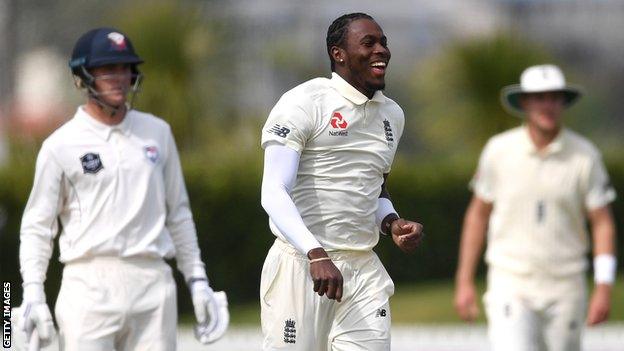 England fast bowler Jofra Archer celebrates after taking a wicket in a tour match against a New Zealand XI