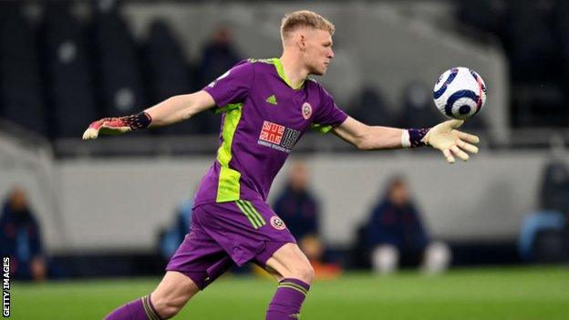 Aaron Ramsdale kicking a ball for Sheffield United