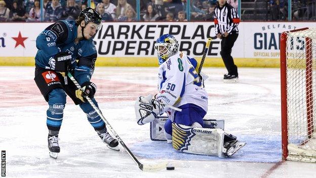 Colby McAuley attempts to beat Fife netminder Shane Owen in Saturday night's game