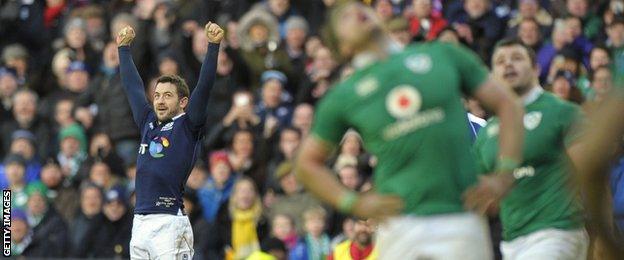 Greig Laidlaw celebrates kicking the decisive penalty for Scotland against Ireland