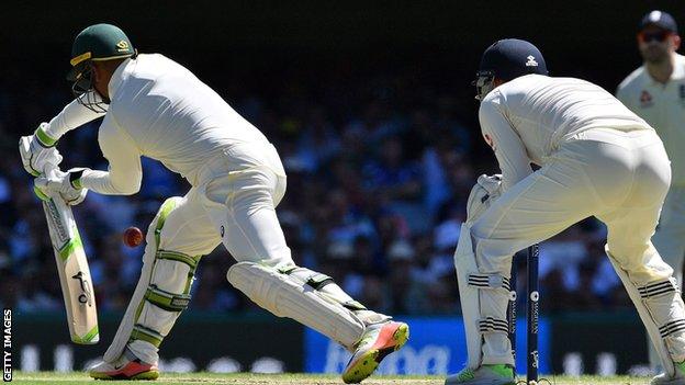 Australia's Usman Khawaja is lbw to Moeen Ali in the first innings at the Gabba