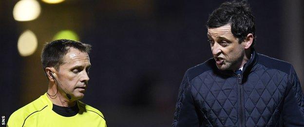 Referee Crawford Allan is approached by St Mirren manager Jack Ross