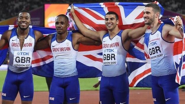 Chijindu Ujah, Adam Gemili, Daniel Talbot and Nethaneel Mitchell-Blake of Britain